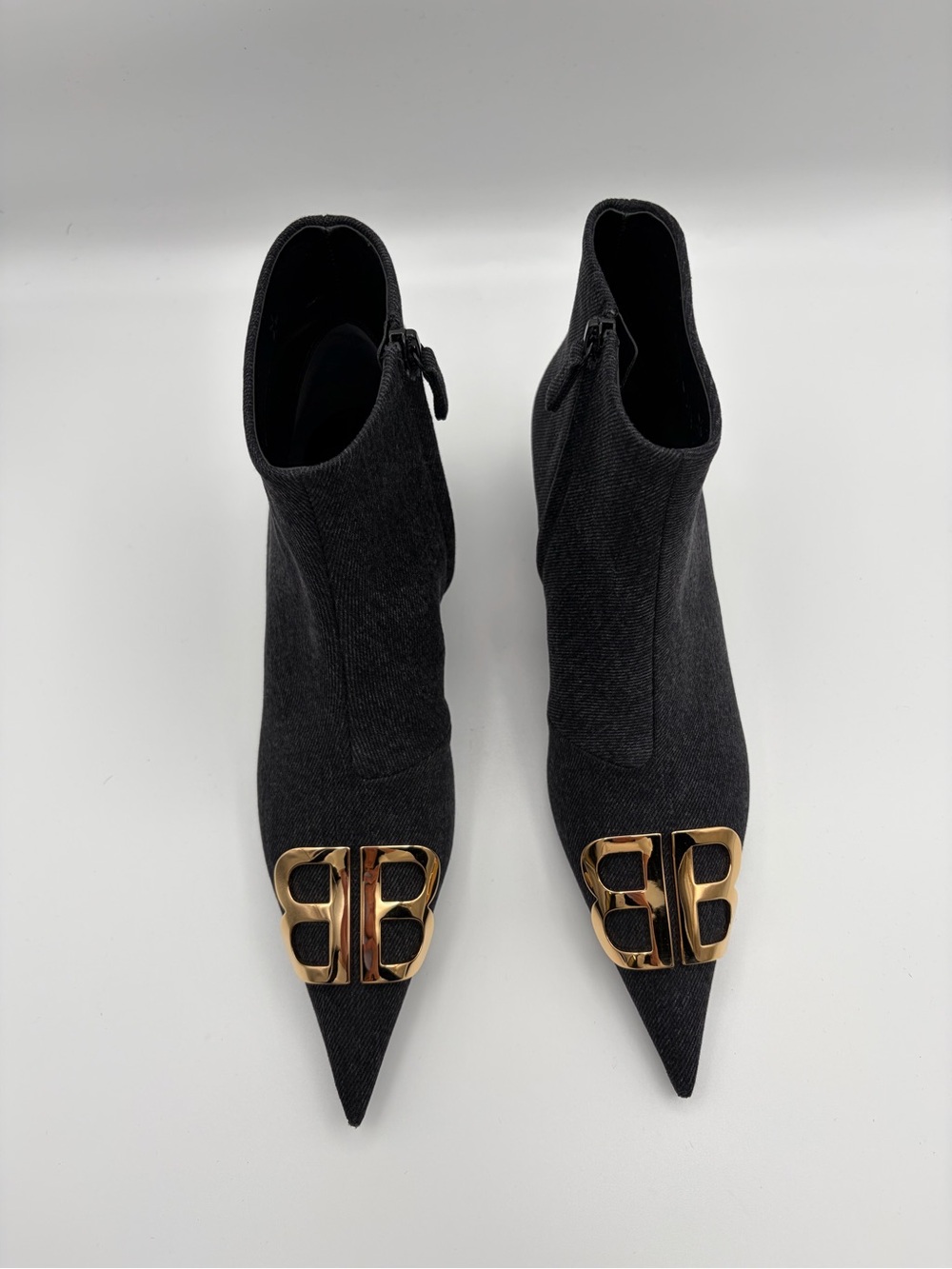 Balenciaga BB Logo Knife Ankle Boots Charcoal Wool Gold Hardware Pointed Toe EU - Picture 10 of 14